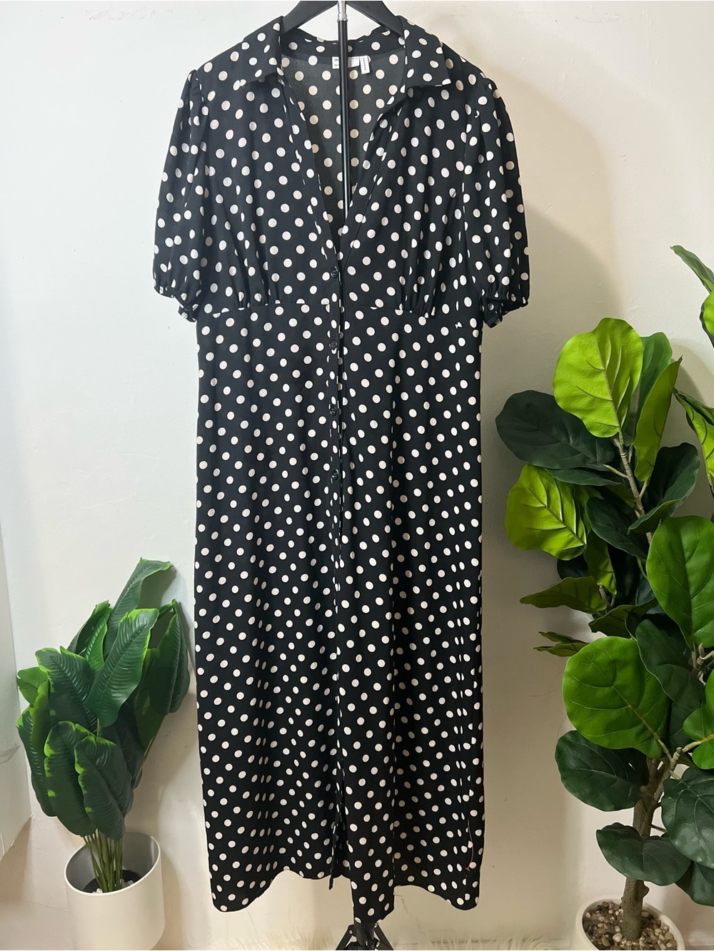 ASOS Design Black White Polka Dot Button Front Midi Dress Size 14